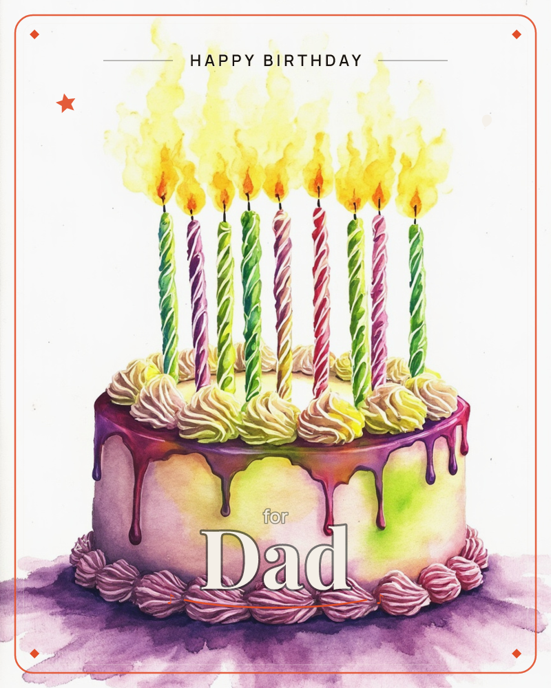 A round birthday cake sits against a plain white background, its glaze dripping down in streaks of magenta and gold over a pale frosted surface, a birthday e-card design