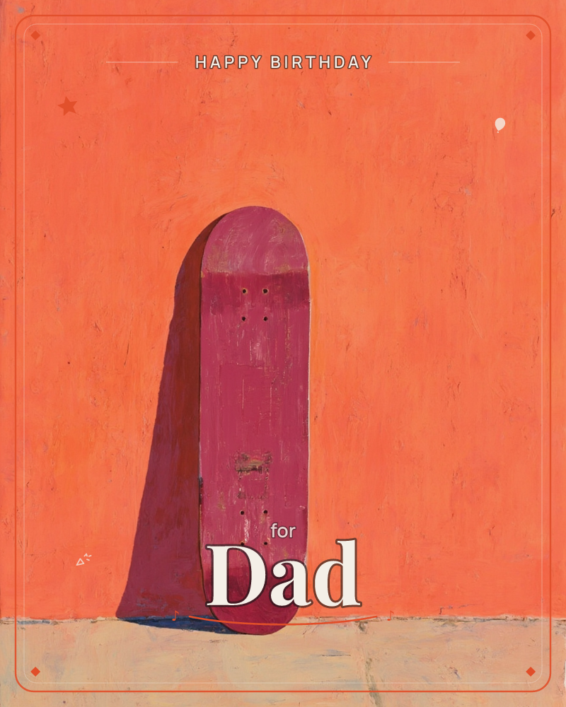 A single skateboard deck in deep raspberry pink leans against a sun-baked orange wall, its long shadow stretching across a pale concrete ledge below, a birthday e-card design