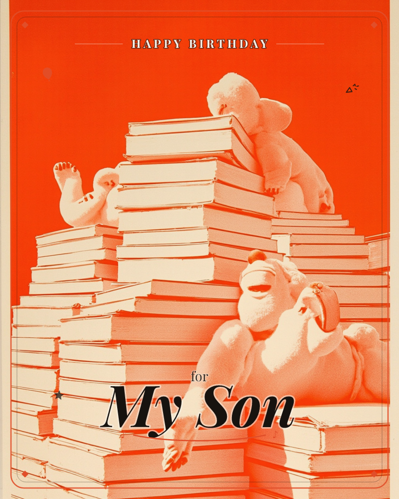 A duotone illustration in bold orange shows three plump cherub-like babies sprawled and climbing over towering stacks of books, as if scaling a…, a birthday e-card design