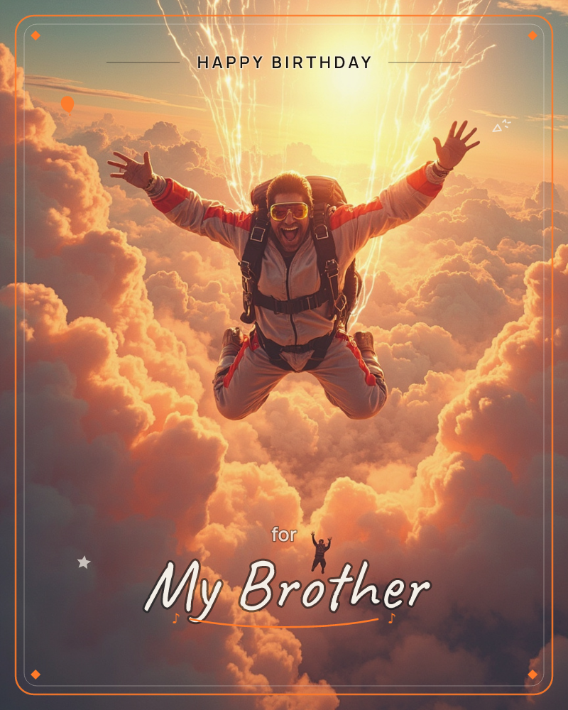 A man in freefall, arms flung wide and legs bent, wearing a white and orange jumpsuit with a black parachute pack strapped to his back and…, a birthday e-card design
