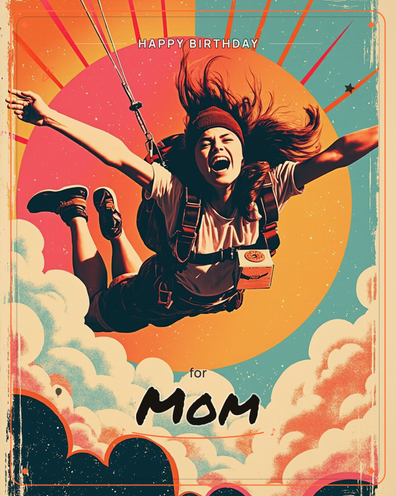 A woman free-falls through a blazing sunburst sky, arms flung wide and laughing above a sea of pink-gold clouds, a birthday e-card design by @RoyalJet