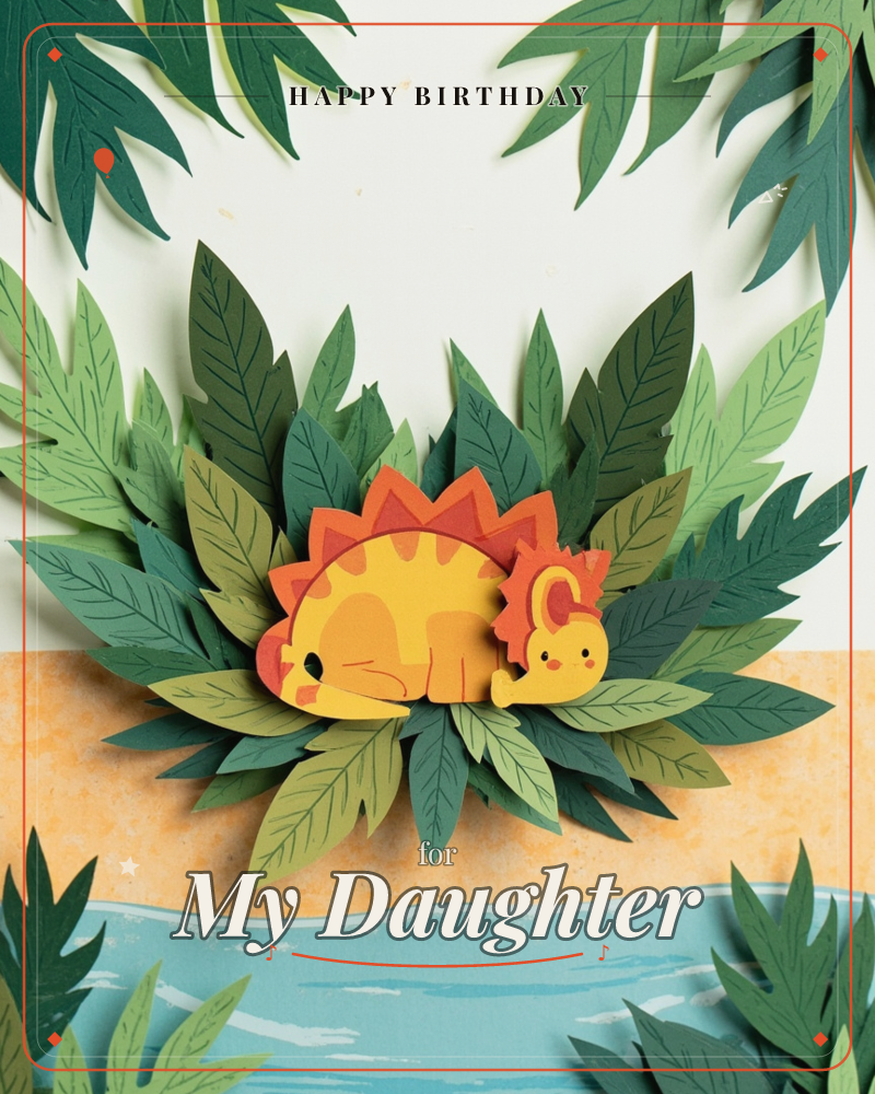 A cheerful paper-craft stegosaurus in orange and yellow lies curled up among layered green fern leaves, framed by an orange sandy shore and a pale teal…, a birthday e-card design