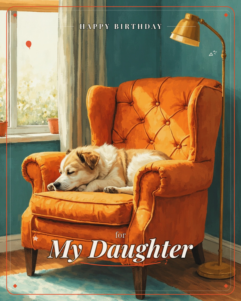 A dog naps curled on the cushion of a tufted burnt-orange wingback chair, tucked in the corner of a teal-walled room, a birthday e-card design