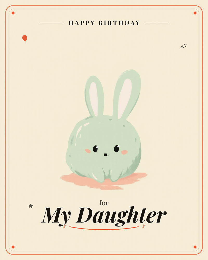 A round, mint-green bunny sits alone on a soft cream background, its tall ears standing straight up and its tiny feet peeking out beneath its plump body, a birthday e-card design