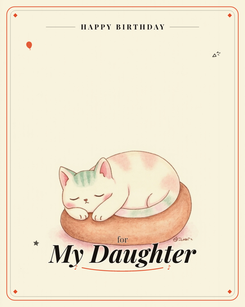 A round-bodied cat with soft pink and mint-green patches curls up asleep on a plump brown cushion, tucked into the lower half of a warm cream page, a birthday e-card design
