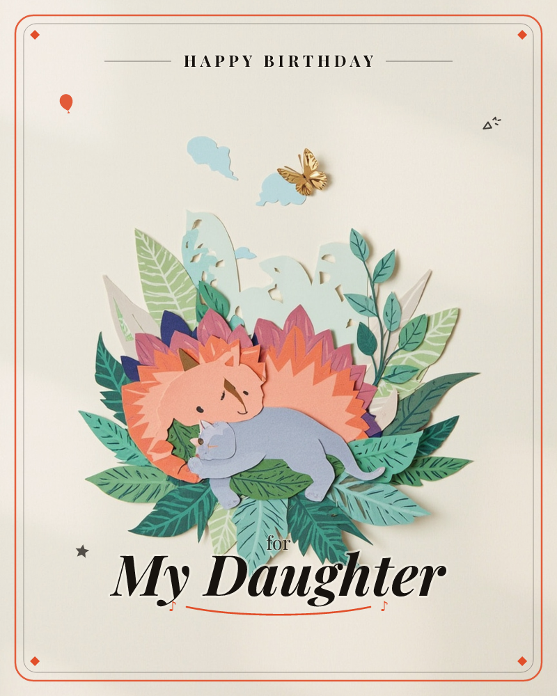 A paper-cut illustration shows two spiky-backed dinosaurs, a larger coral one curled protectively around a smaller blue one, nestled among layered…, a birthday e-card design