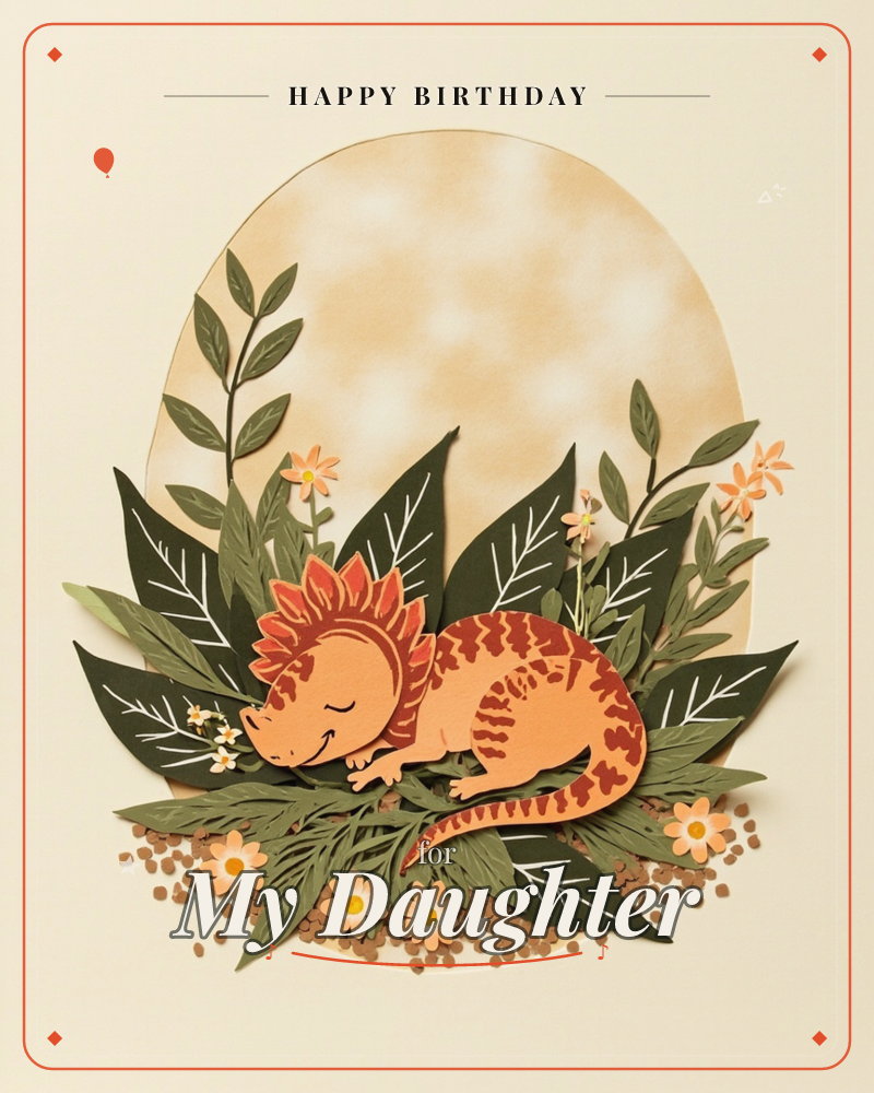A paper-craft dinosaur curls up asleep amid layered leaves and small flowers, its orange body striped with soft brown patterning and a feathered ridge…, a birthday e-card design