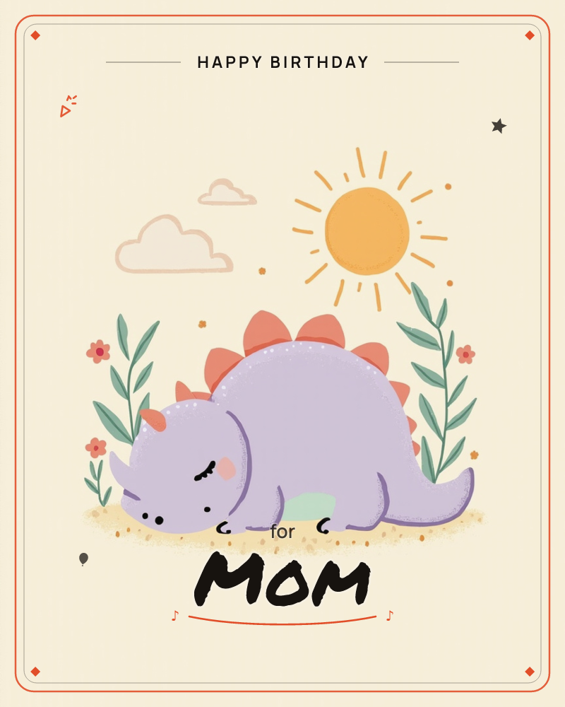A round, sleepy purple dinosaur with coral back-plates and a little horn naps in a patch of sand under a bright sun, a birthday e-card design