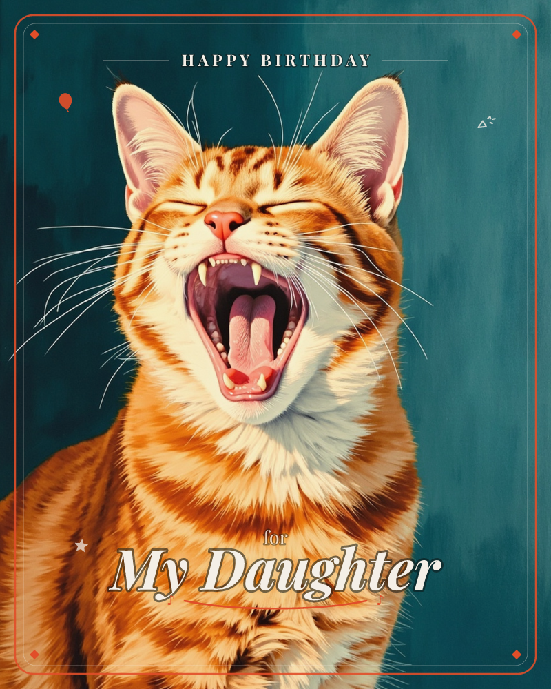 An orange tabby cat fills the frame mid-yawn, eyes squeezed shut and mouth wide open to show its pink tongue and sharp little teeth, a birthday e-card design