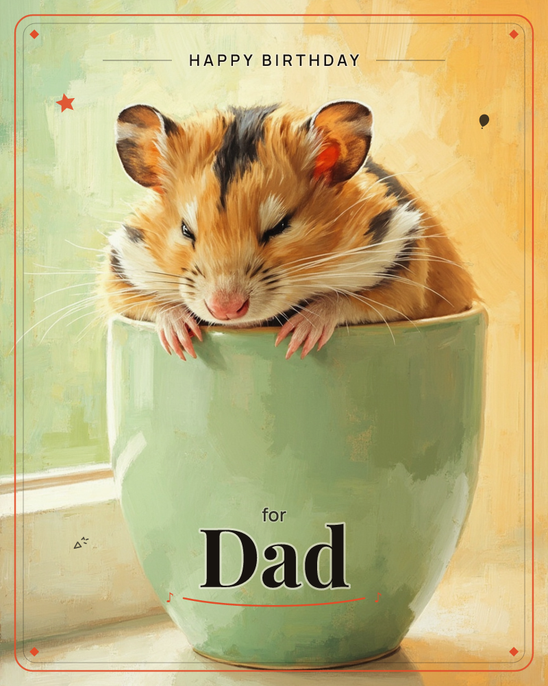 A round-cheeked hamster with tiger-striped fur peers over the rim of a pale sage-green cup, tiny paws hooked on the edge as if it just climbed in, a birthday e-card design