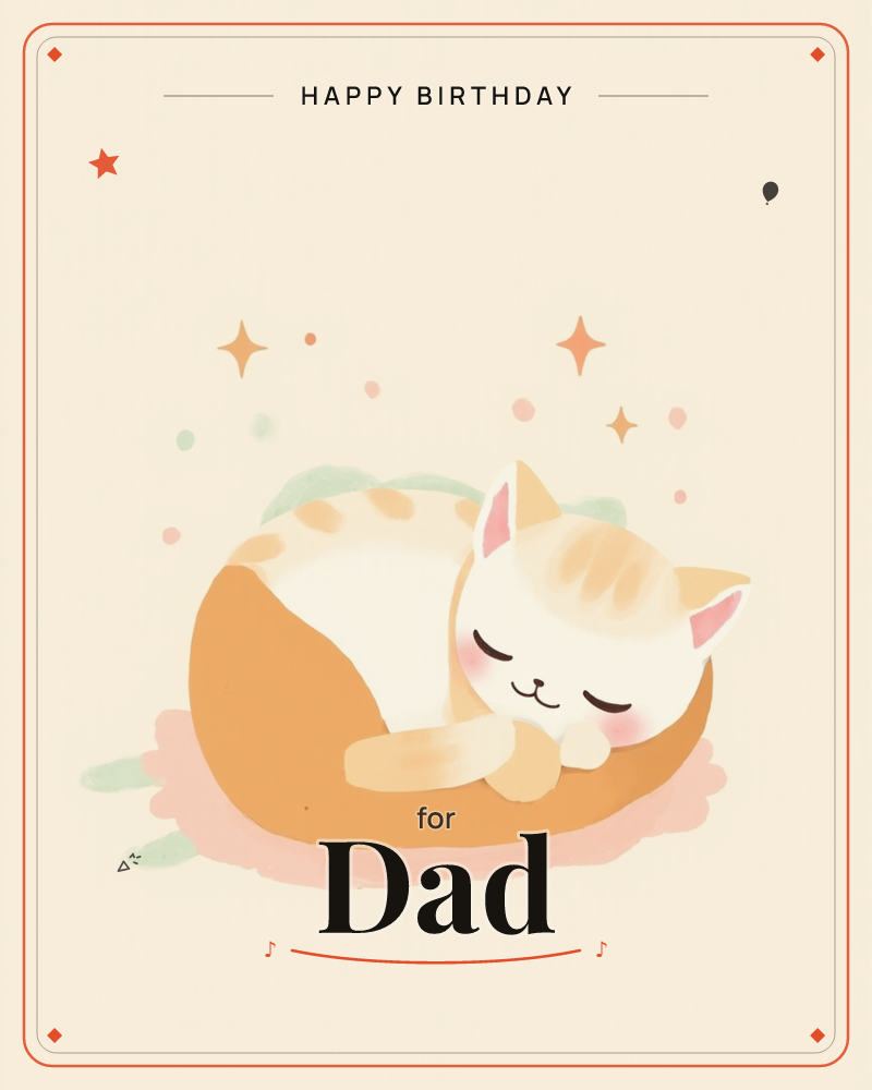 A round little orange-and-cream cat curls itself into a soft circle, eyes closed and cheeks blushed pink, dozing on a pale pink cushion, a birthday e-card design