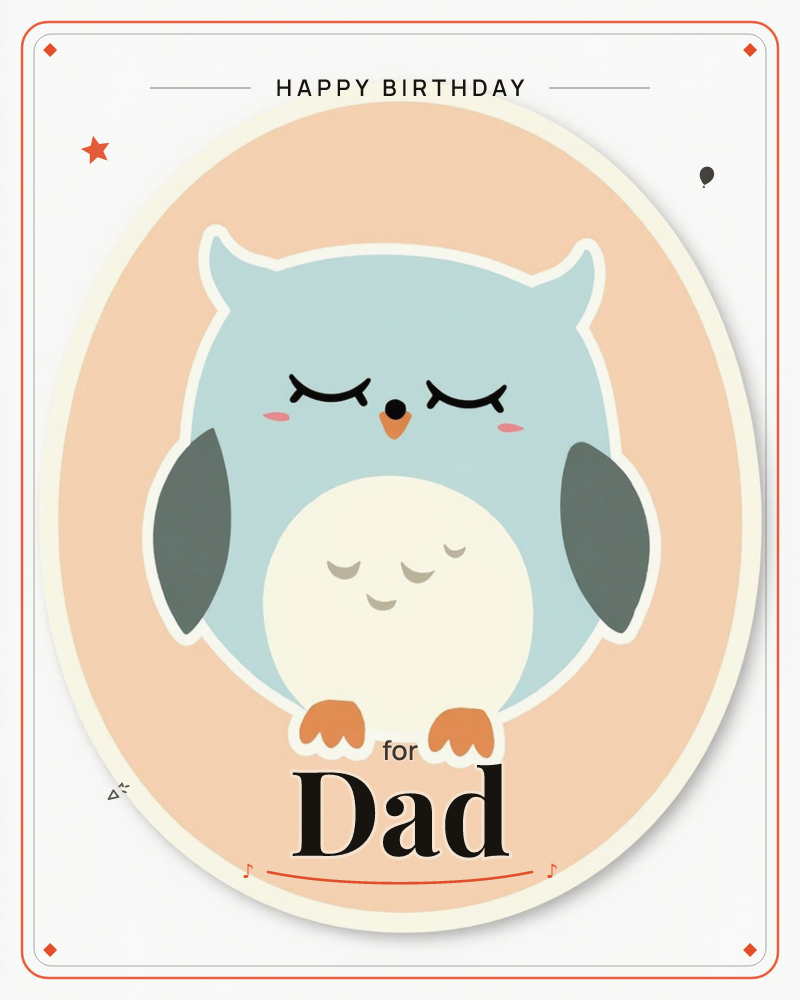 A round sticker-style card shows a plump, sleepy owl centred on a soft peach oval background, a birthday e-card design