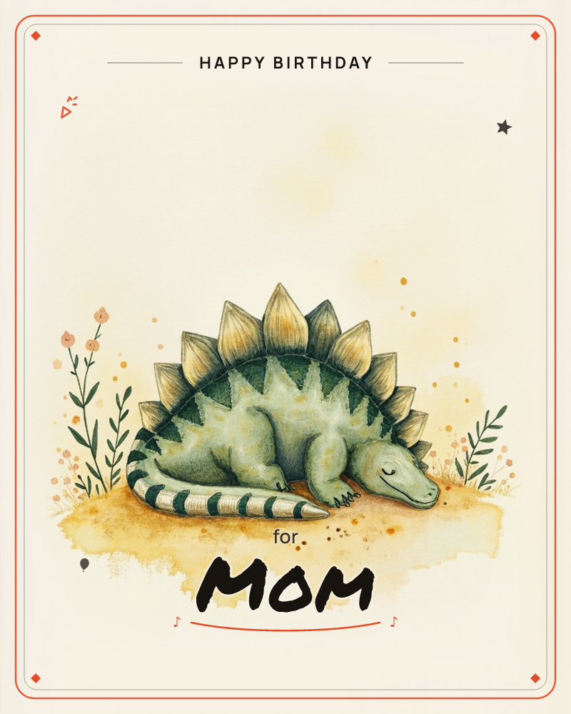 A sleepy stegosaurus curls up on a sandy patch of ground, its striped tail wrapped around its body and its eyes closed in peaceful rest, a birthday e-card design