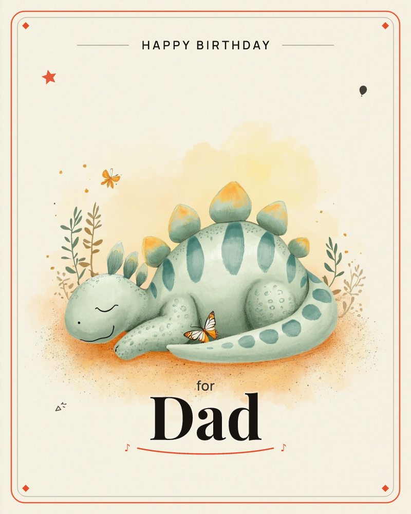 A plump little stegosaurus curls up asleep in a warm, sandy hollow, its rounded plates glowing soft yellow-green against a hazy peach sky, a birthday e-card design