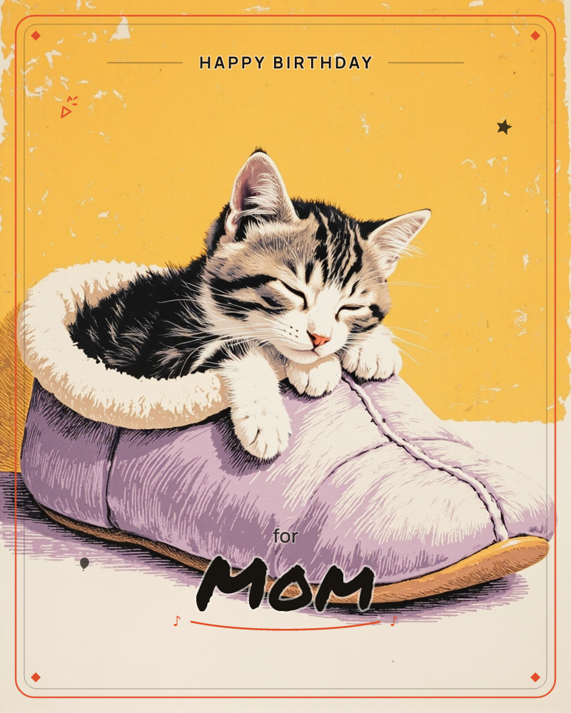 A striped kitten curls up fast asleep inside a fuzzy lavender slipper, one white paw dangling over the fleece trim, a birthday e-card design