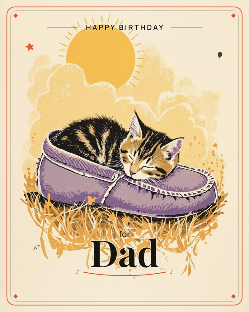 A tabby kitten curls up fast asleep inside a lavender moccasin slipper, nestled in golden dry grass under a stylised sun and puffy clouds, a birthday e-card design