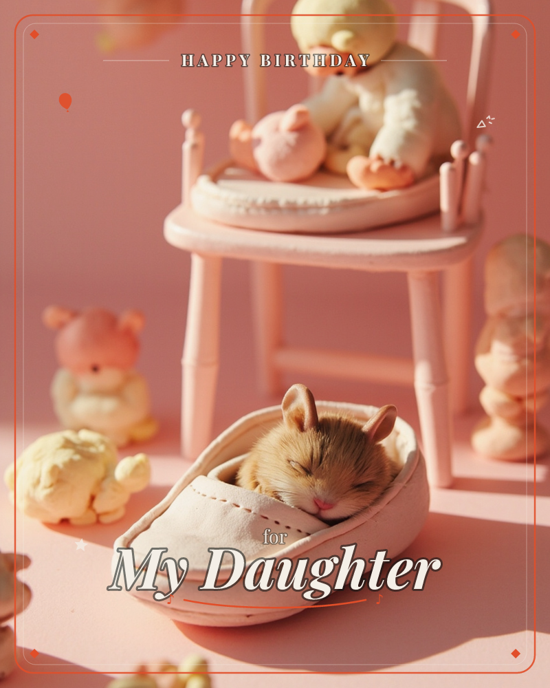 A tiny hamster curls up fast asleep inside a soft slipper, tucked in like a miniature bed, a birthday e-card design