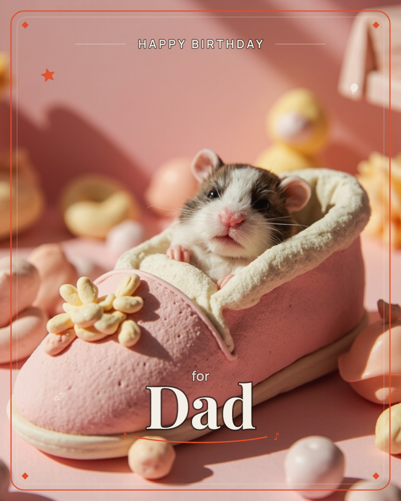 A small black-and-white hamster peeks out from inside a plush pink slipper, its paws resting on the soft fleece lining, a birthday e-card design