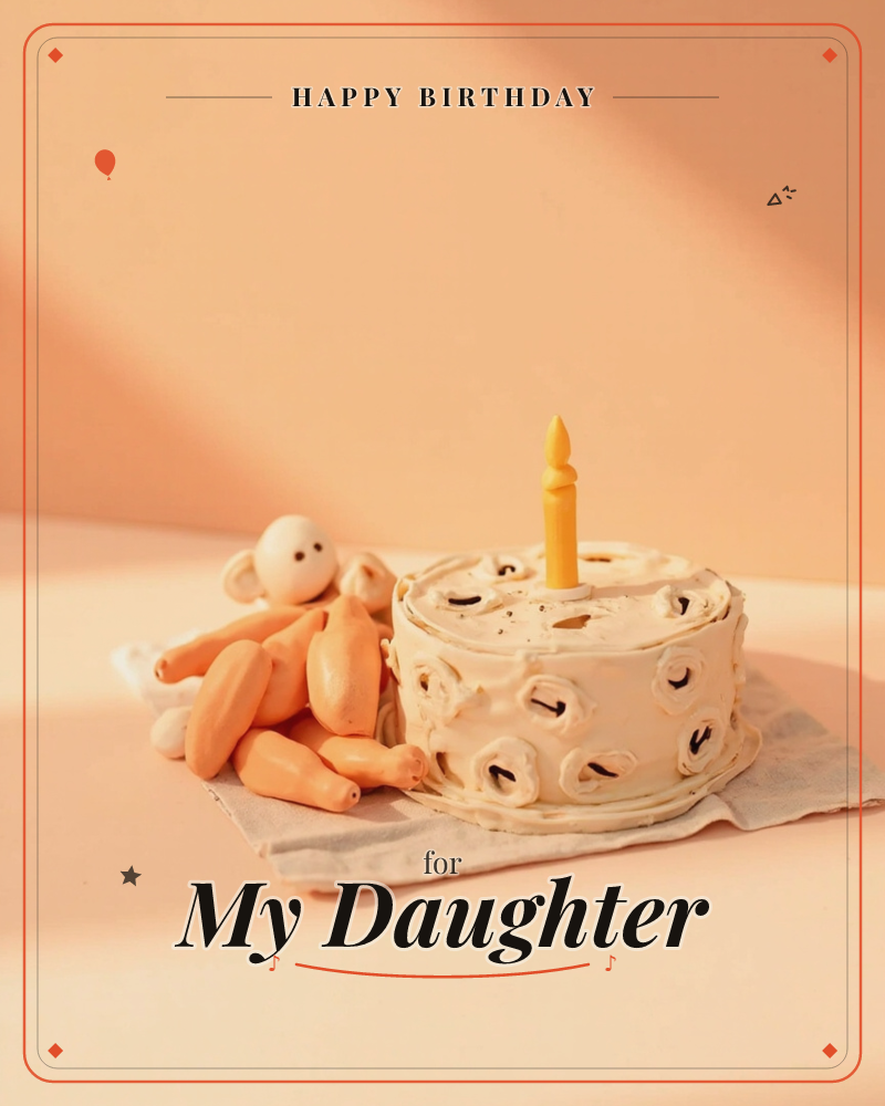 A small clay-textured birthday cake with swirled frosting and a single yellow candle sits on a linen napkin, beside a whimsical peach-toned figure made…, a birthday e-card design