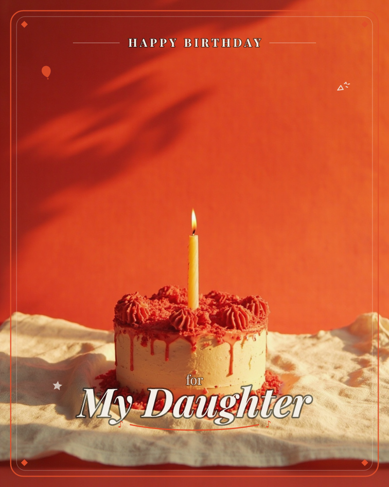 A single-layer cake sits on a rumpled linen cloth against a bold burnt-orange backdrop, its cream frosting dripping with red glaze and scattered crumbs, a birthday e-card design