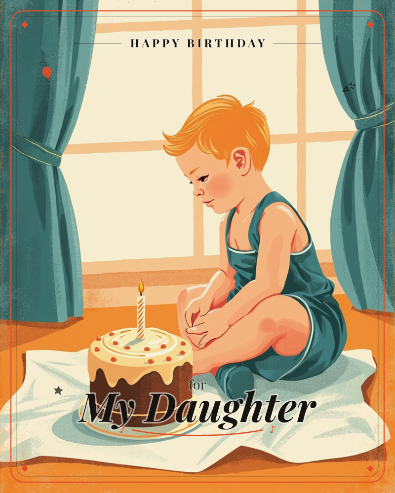 A young child with tousled orange hair sits cross-legged on a white cloth in front of a tall window, gazing down at a small chocolate cake topped with…, a birthday e-card design