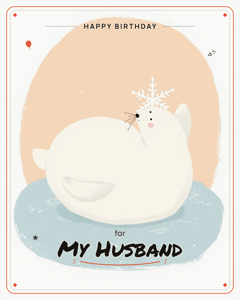 A round, plump white seal rests on a pale blue ice floe, gazing up at a single snowflake balanced above its head, a birthday e-card design