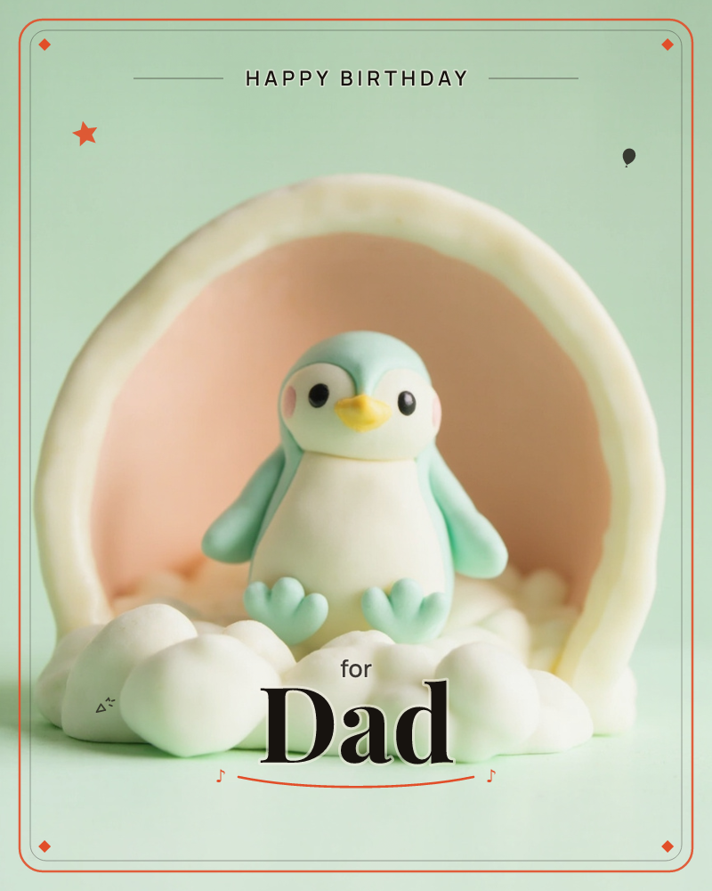 A tiny clay penguin with a mint-blue back and cream belly stands atop a fluffy cloud, nestled inside a pastel arch striped in cream and peach, a birthday e-card design