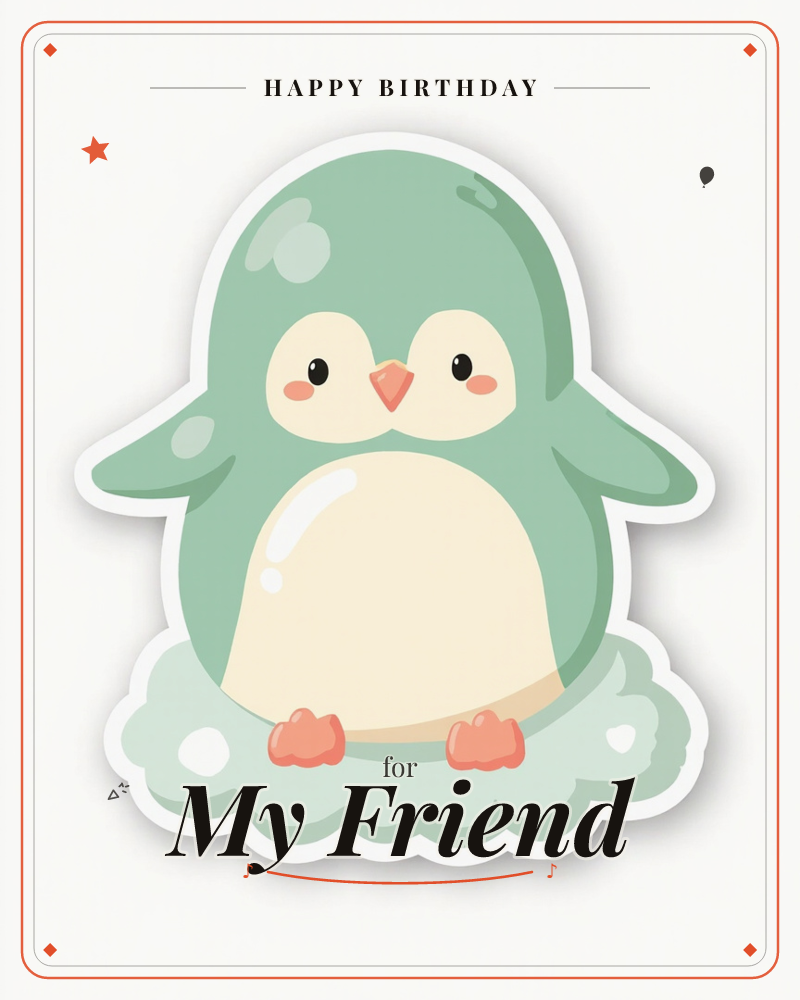 A round, chubby penguin in soft mint green sits perched on a fluffy cloud-like snowdrift, its cream belly glowing with a rounded shine, a birthday e-card design