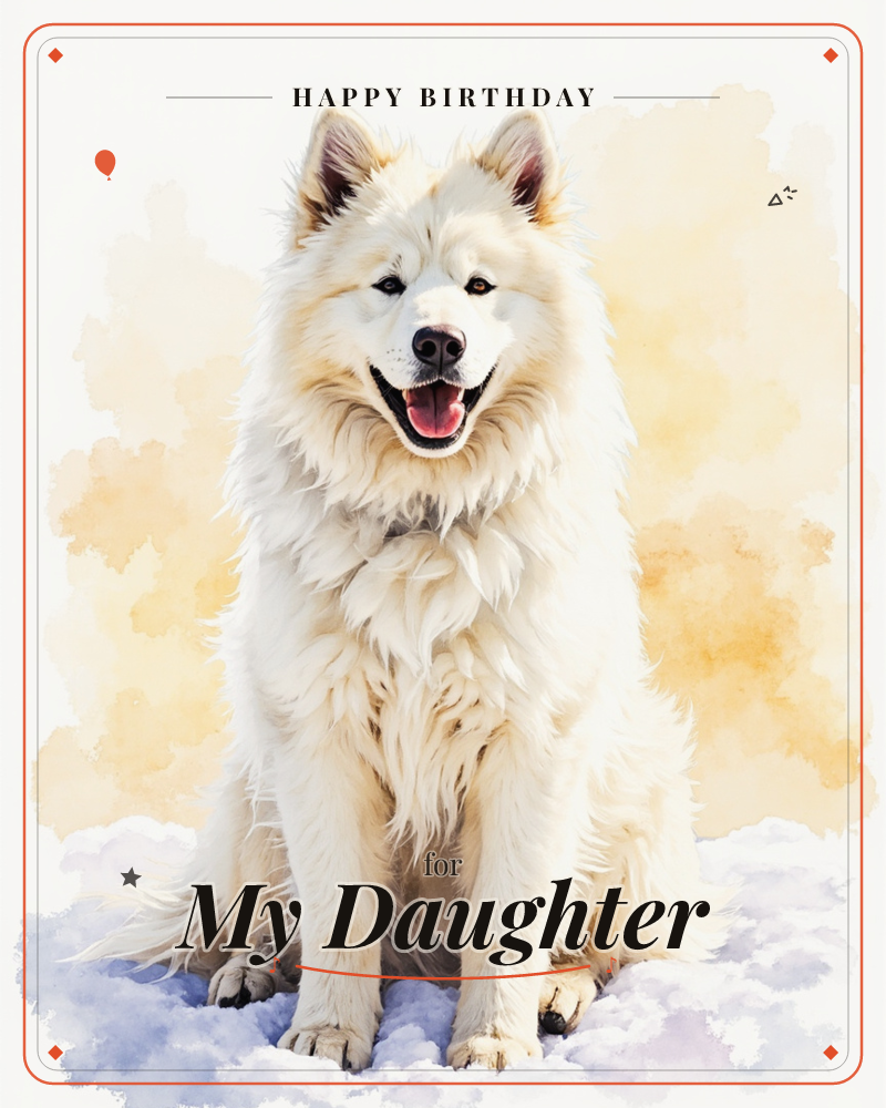 A large fluffy white dog sits upright, mouth open in a happy grin, against a soft watercolour wash of golden and cream blotches that fades to white at…, a birthday e-card design