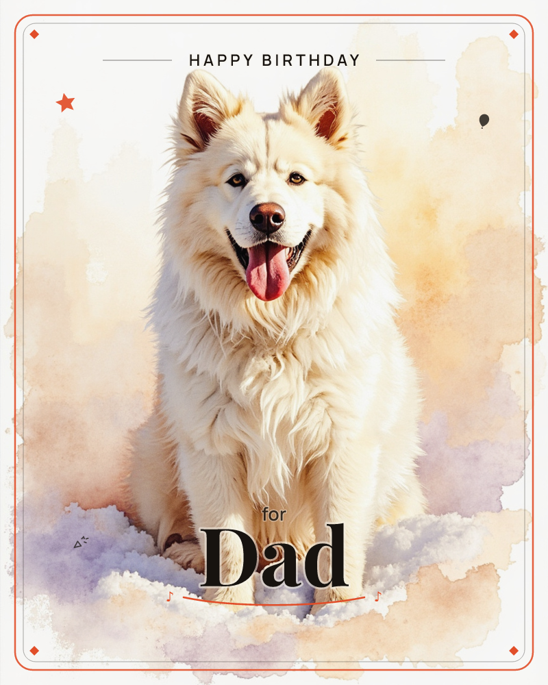 A fluffy cream-coated dog sits facing forward, tongue out and ears perked in a happy, alert pose, a birthday e-card design