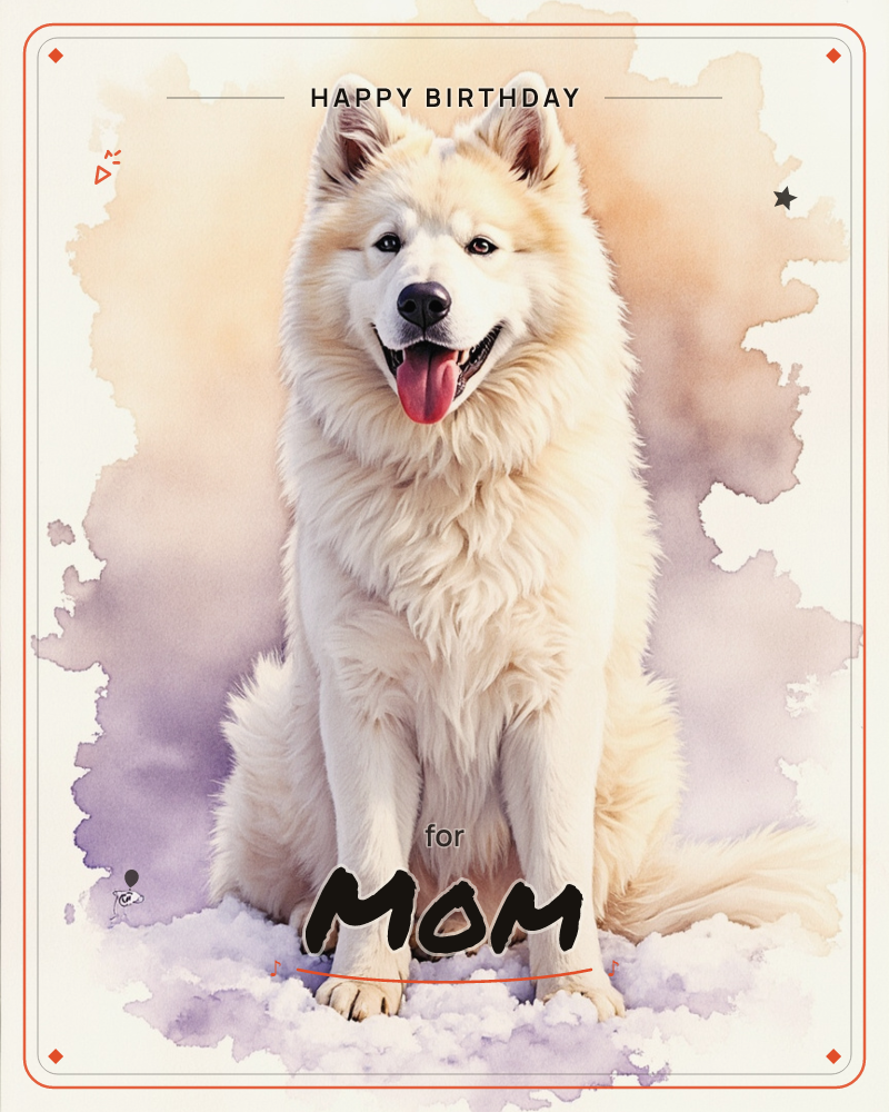 A fluffy white dog sits upright in snow, tongue out and ears perked in a happy grin, painted against a soft watercolour bloom of peach and lavender, a birthday e-card design