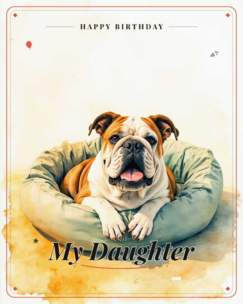 A watercolour bulldog lies curled in a soft round pet bed, front paws crossed over the edge, tongue lolling in a happy pant, a birthday e-card design