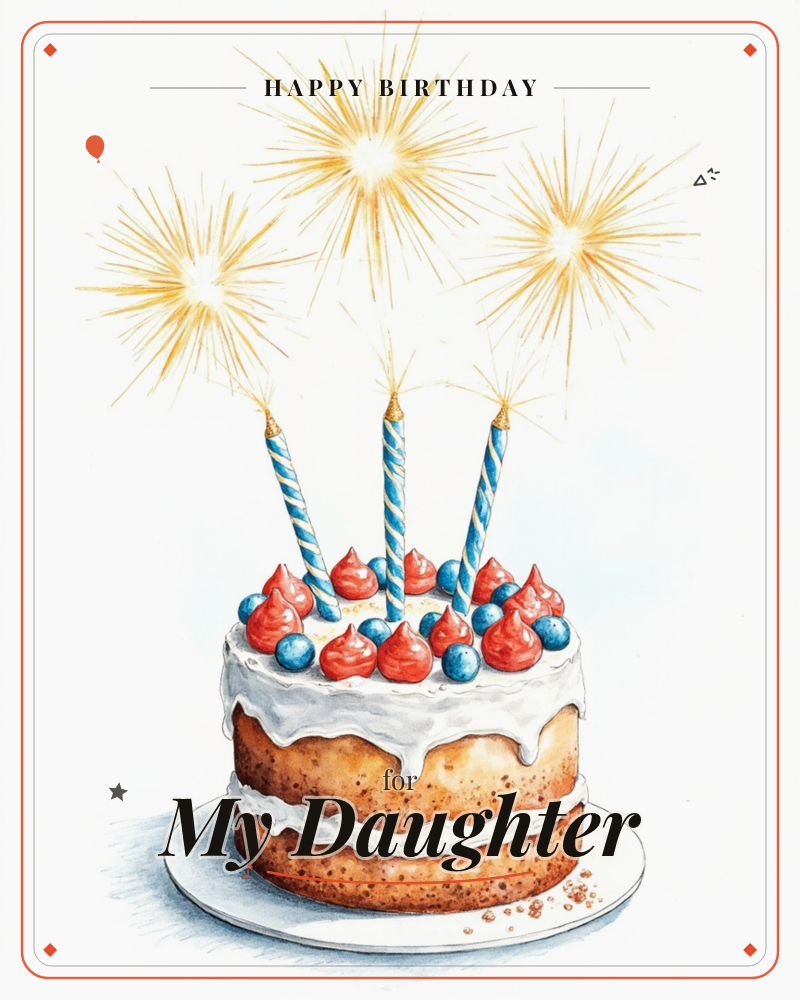 A layered sponge cake sits on a white plate, its dripping icing topped with red frosting swirls and blueberries, a birthday e-card design
