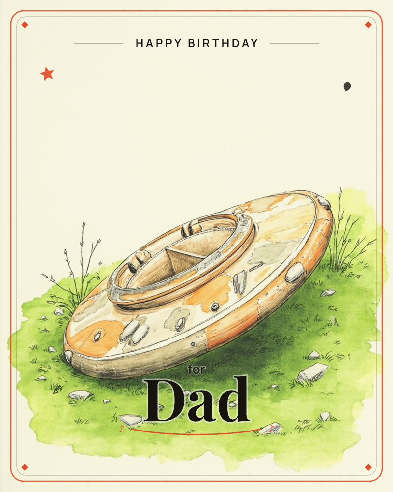 An old, weathered kayak lies overturned on a grassy patch, its orange and cream paint chipped and faded with age, a birthday e-card design