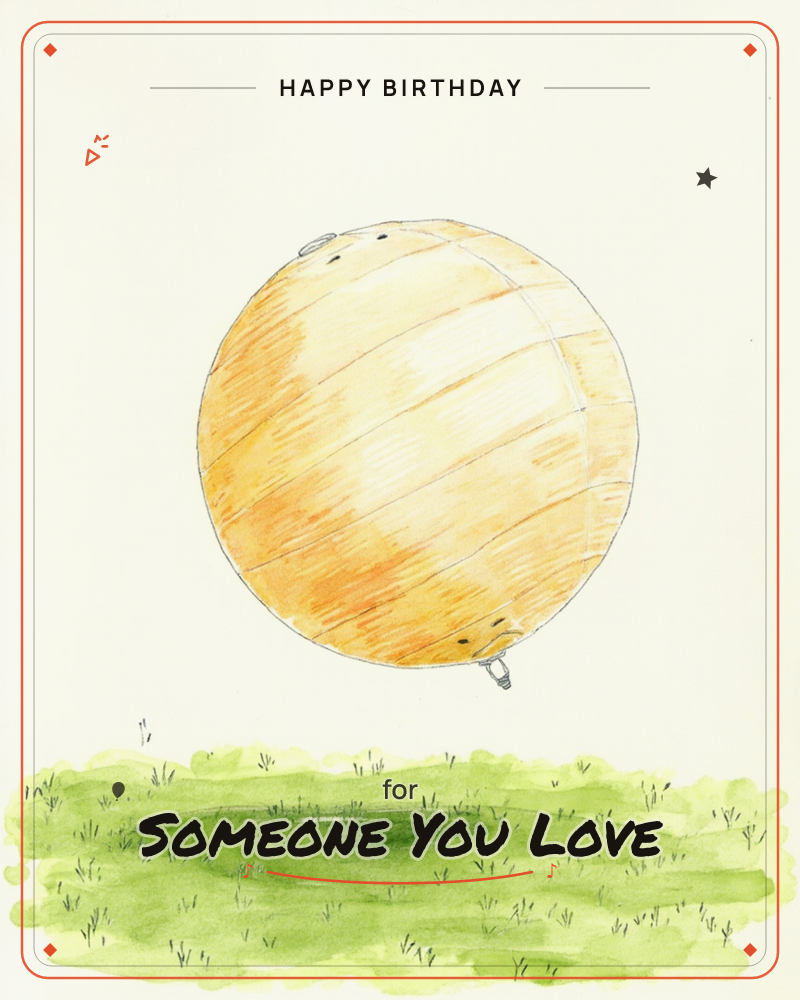 A single round balloon in warm orange and gold tones floats above a patch of scrubby green grass, its ribbed paper-lantern texture rendered in fine pen…, a birthday e-card design