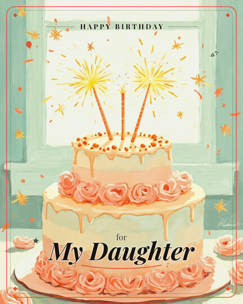 A two-tiered cream cake sits before a mint-green window, its layers dripping with pale icing and ringed with peach-pink rose swirls, a birthday e-card design