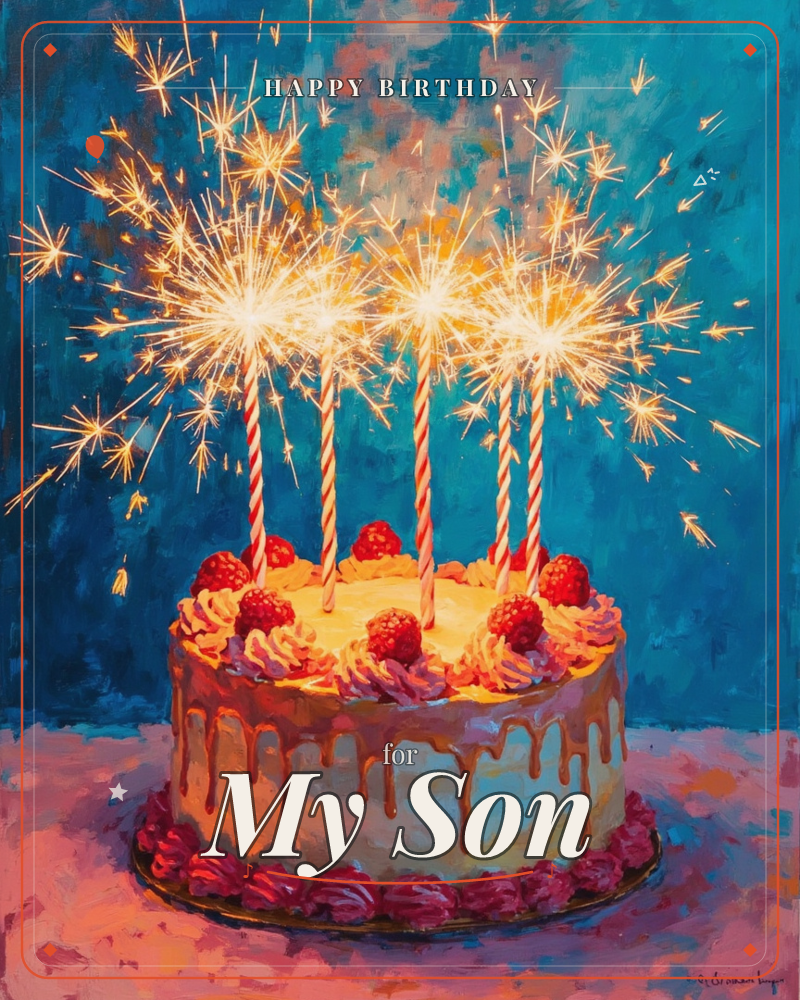 A drip cake topped with raspberries and swirled frosting glows against a deep teal background, its striped candles crowned with sparklers that burst…, a birthday e-card design