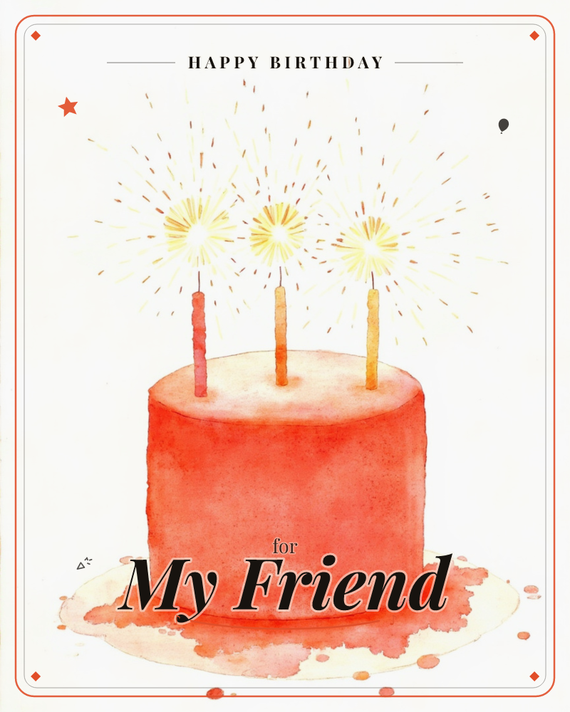 A single round cake in warm coral-red frosting sits on a white background, topped with three candles bursting into bright sparkler-like flames, a birthday e-card design