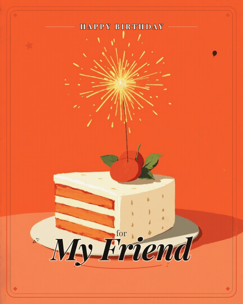 A single slice of layered orange cake sits on a round white plate against a bold orange background, topped with a cherry, two green leaves, and a lit…, a birthday e-card design