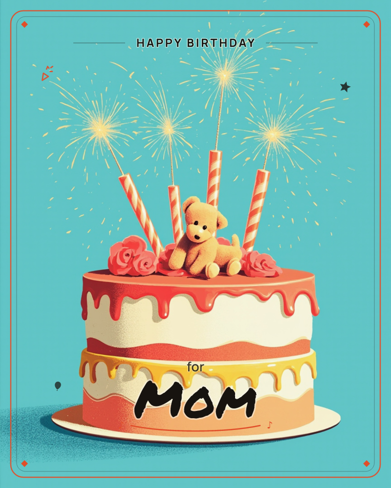 A two-tiered birthday cake glows against a bright turquoise background, its layers dripping with red and golden icing, a birthday e-card design