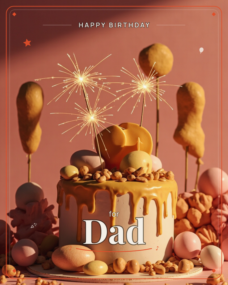 A white cake sits under a thick amber-yellow drip glaze, topped with candy-coated chocolates, crushed nuts and three lit sparklers throwing off bright…, a birthday e-card design