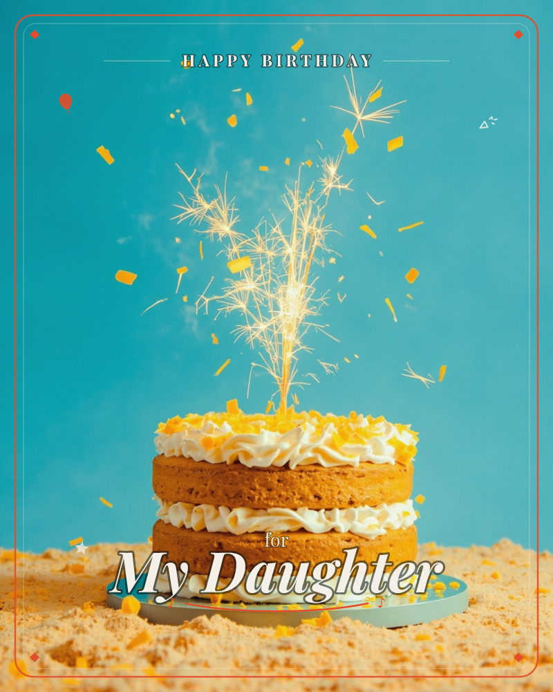 A two-layer sponge cake with swirls of whipped cream sits on a plate scattered with golden confetti, a lit sparkler fizzing bright white and gold…, a birthday e-card design