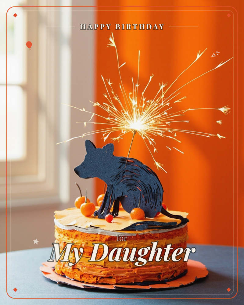 A layered orange cake sits on a blue tabletop against a bright orange wall, its ruffled frosting tiers topped with small orange berries and a dark…, a birthday e-card design
