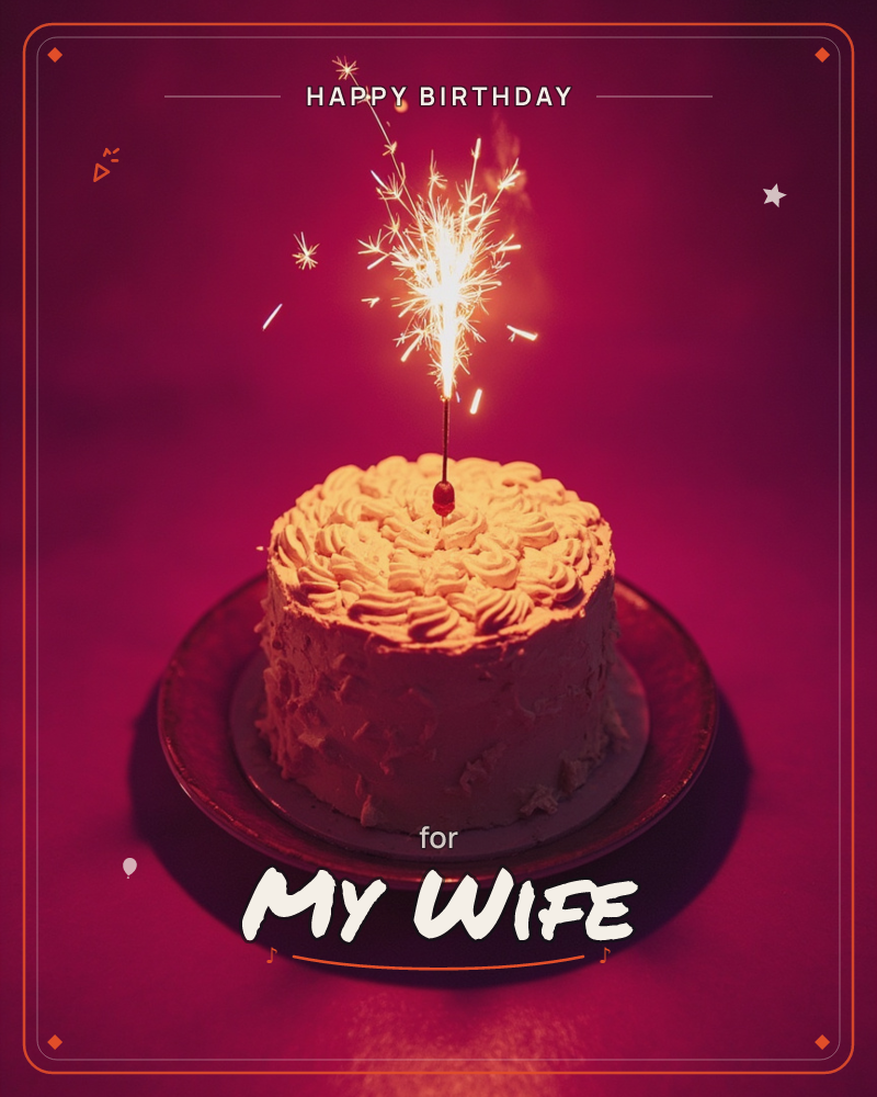 A single sparkler burns bright atop a cream-frosted cake, its shower of sparks the only sharp light against a deep, moody crimson backdrop, a birthday e-card design