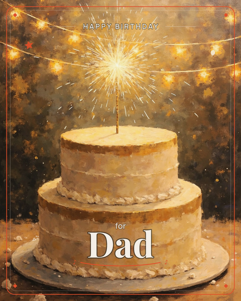 A two-tier cream cake glows under a single bright sparkler, its burst of light echoed by strings of warm fairy lights fading into a dark, dappled…, a birthday e-card design