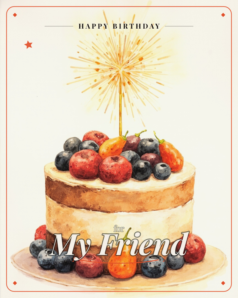 A layered naked cake sits on a plate, its cream frosting between golden sponge layers topped with blueberries, cherries, and small orange pears, a birthday e-card design