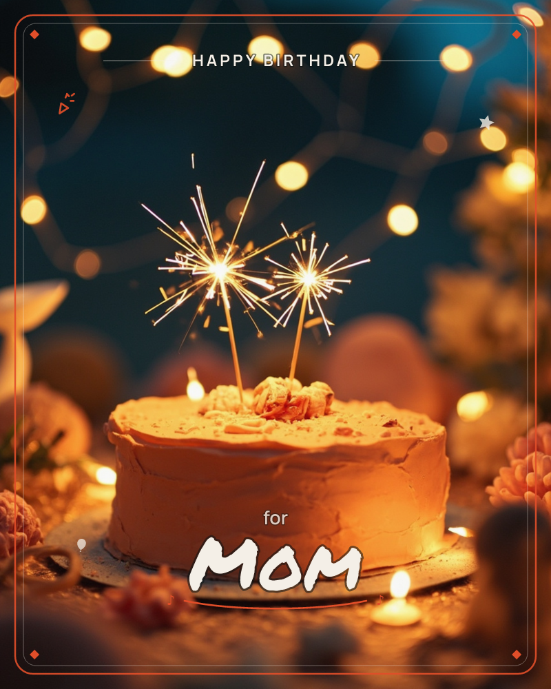 A frosted cake glows under two lit sparklers, their sparks bursting bright against a deep teal background strung with warm fairy lights, a birthday e-card design