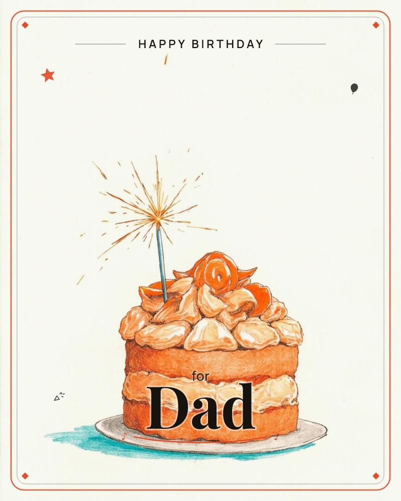 A layered sponge cake sits on a plate, its top piled with swirls of cream and curls of candied orange peel, a birthday e-card design