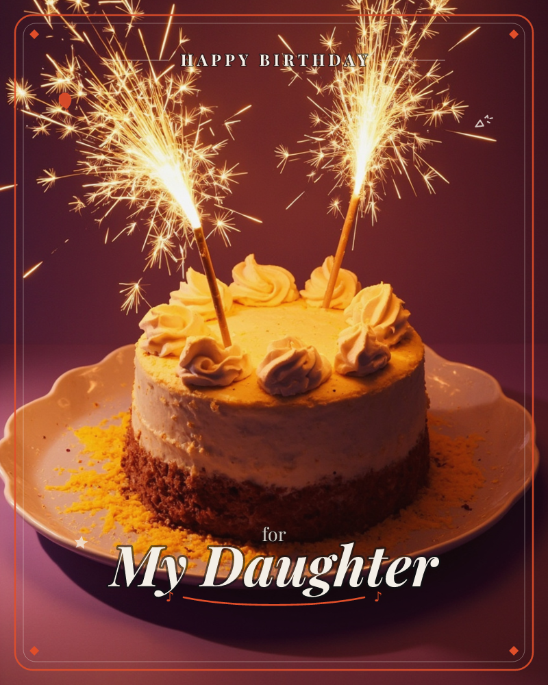 A frosted layer cake sits on a scalloped plate against a deep plum backdrop, two sparklers blazing above it and scattering golden light across the…, a birthday e-card design