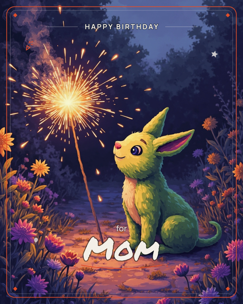 A small green fox-eared creature sits on a stone path in a night garden, gazing up at a lit sparkler that showers golden light across the dark foliage, a birthday e-card design